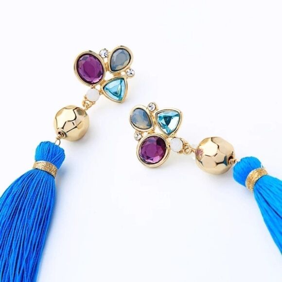 Blue Tassel Fringe Floral Crystal Rhinestone Gold Dangle Statement Earrings - Picture 7 of 11